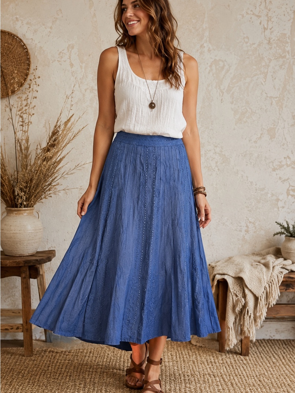 Per Una Blue Embroidered Linen Blend Midi Skirt Boho A-Line Size 16